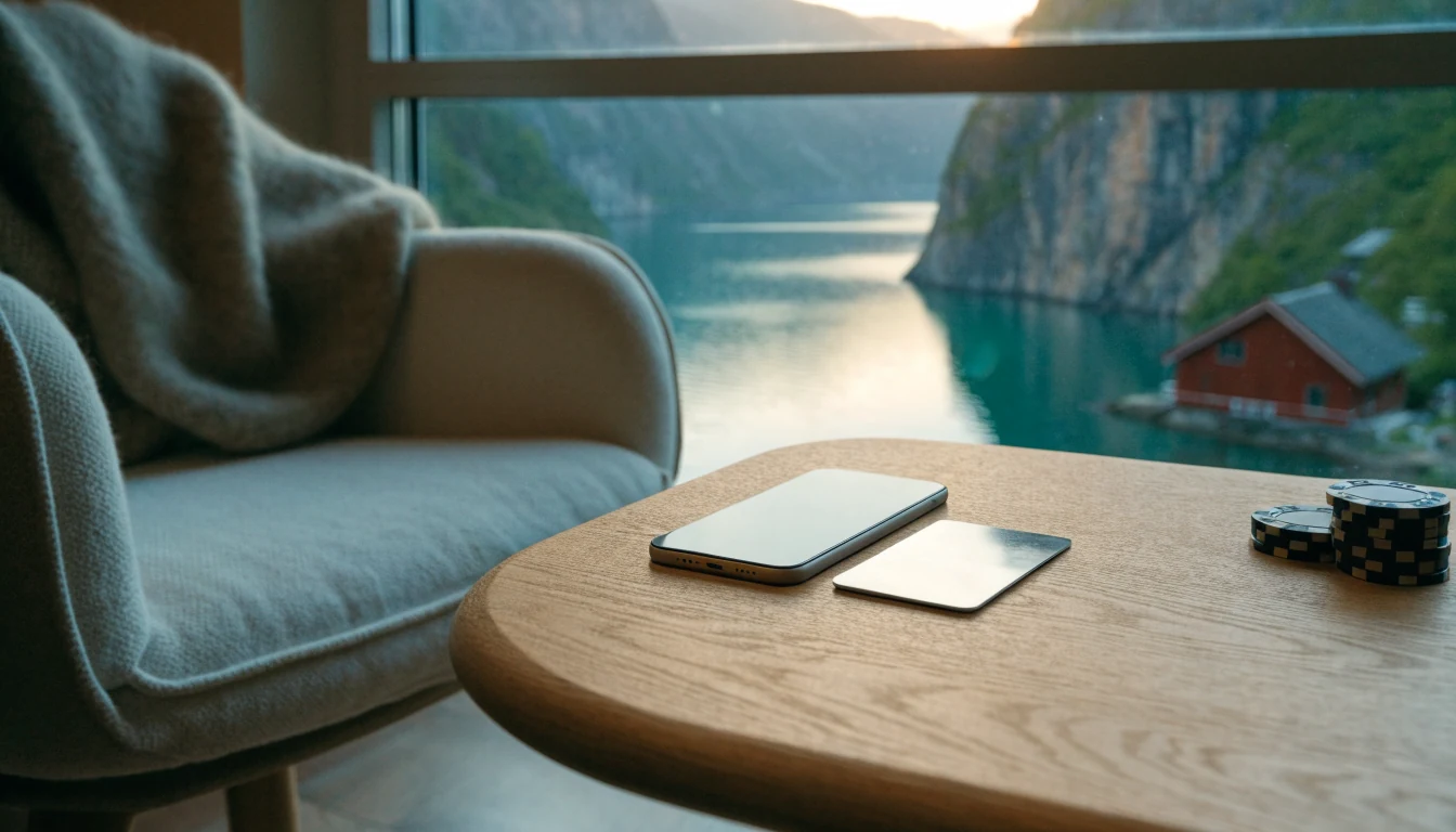 Smarttelefon, betalingskort og casinobrikker på et nordisk trebord med norsk fjord i bakgrunnen.