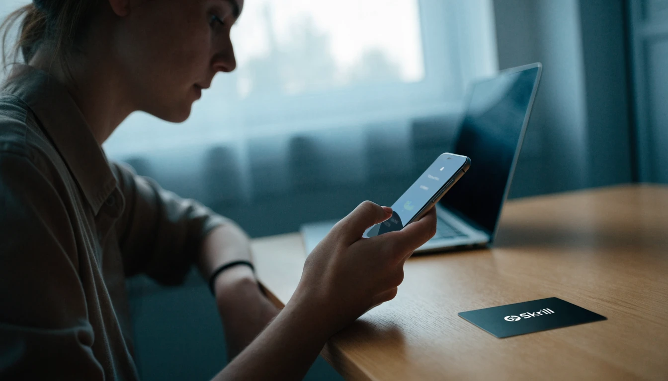 Nordisk person med smarttelefon og e-lommebok på minimalistisk skrivebord