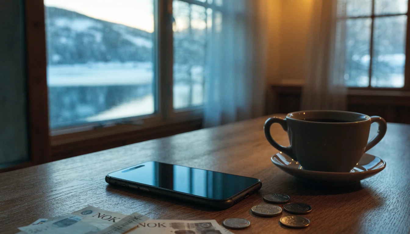 Smarttelefon ved siden av kroner-sedler på et bord i en norsk hytte