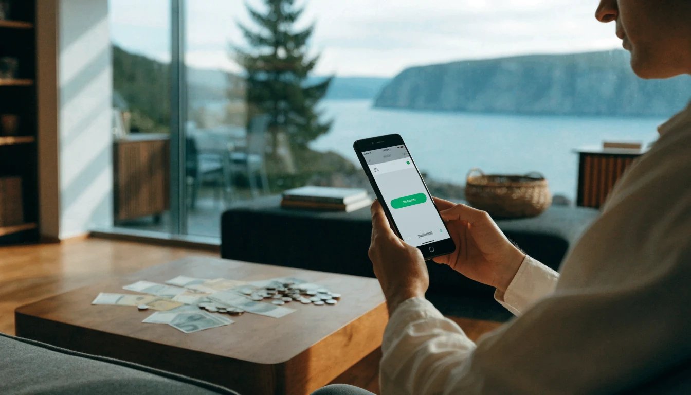 Nordmann bruker Vipps på mobilen hjemme med utsikt over fjord