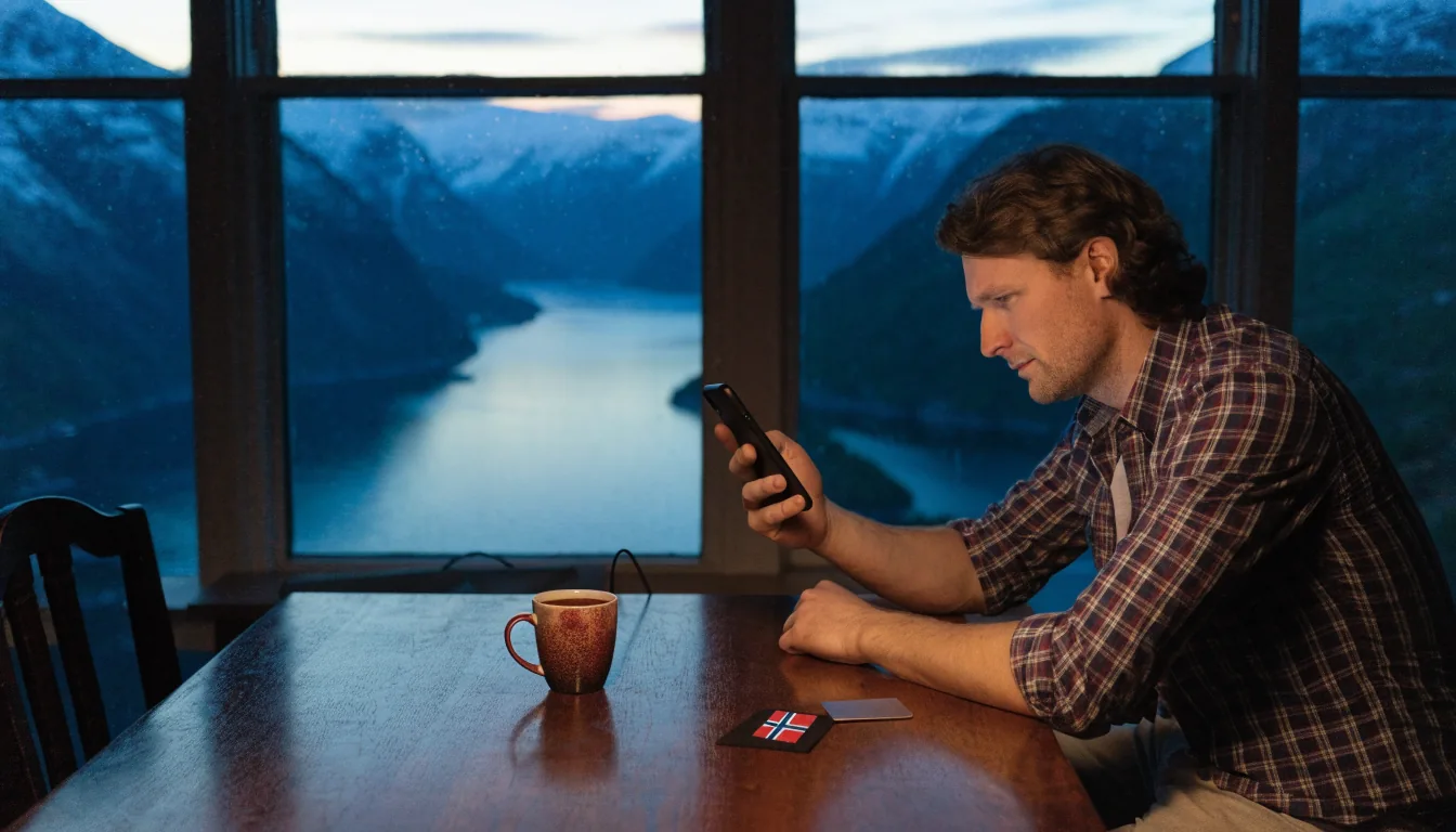 Mann ved skrivebord med telefon, norsk vinterlandskap i bakgrunnen