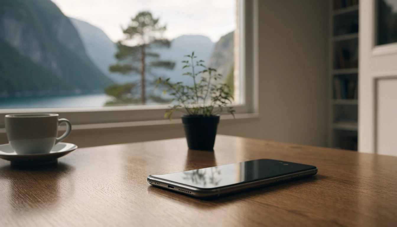 Android-telefon på et trebord i en koselig norsk stue med utsikt over fjorden