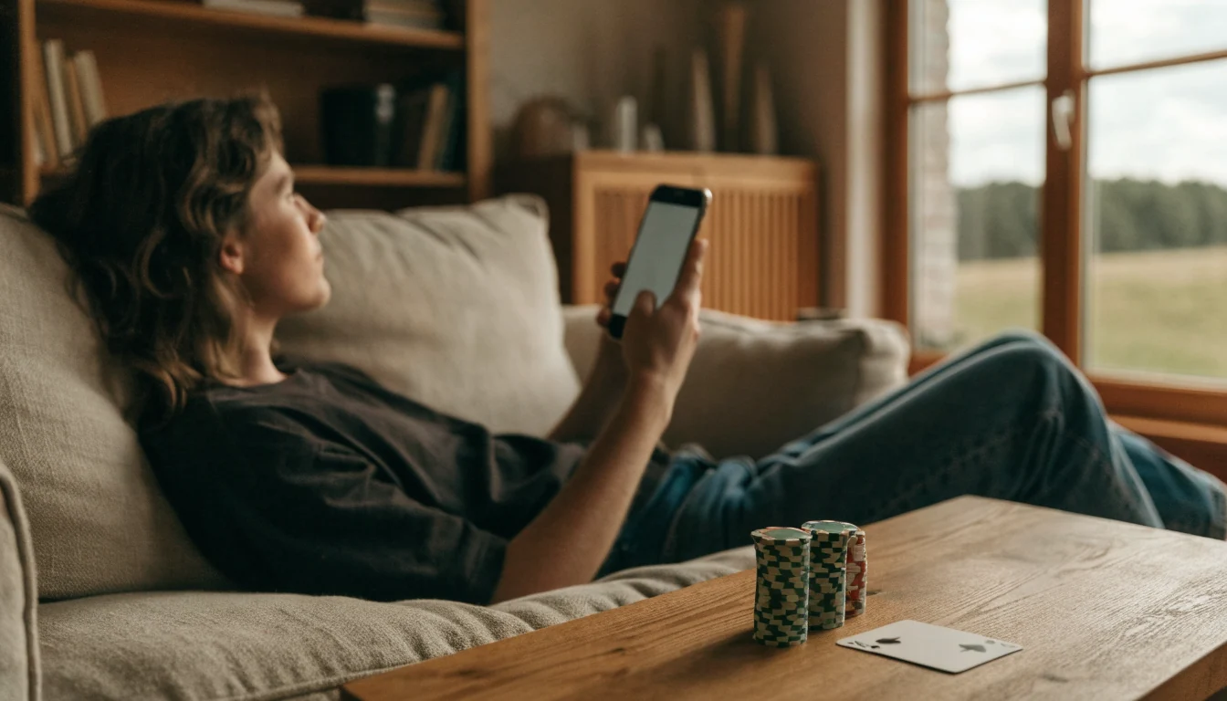 Person i norsk stue med iPhone og casinokvelden