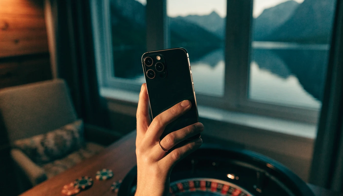 iPhone i hånd med casinochips på bord ved norsk fjord