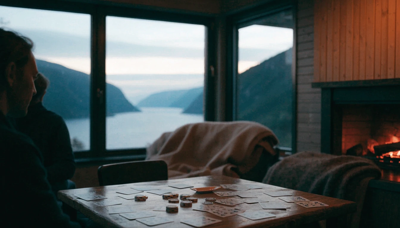 Norsk stue med kortspill og fjordutsikt i skumringen