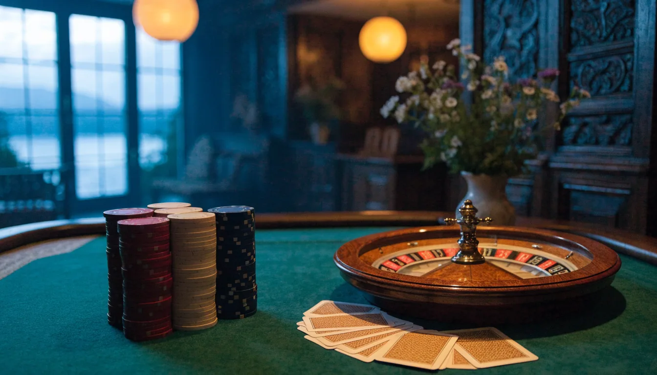 Klassisk casinobord med jetonger, rulett og kort i norsk atmosfære