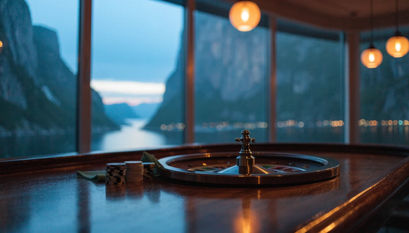 Roulettebord med utsikt over en norsk fjord i skumringen