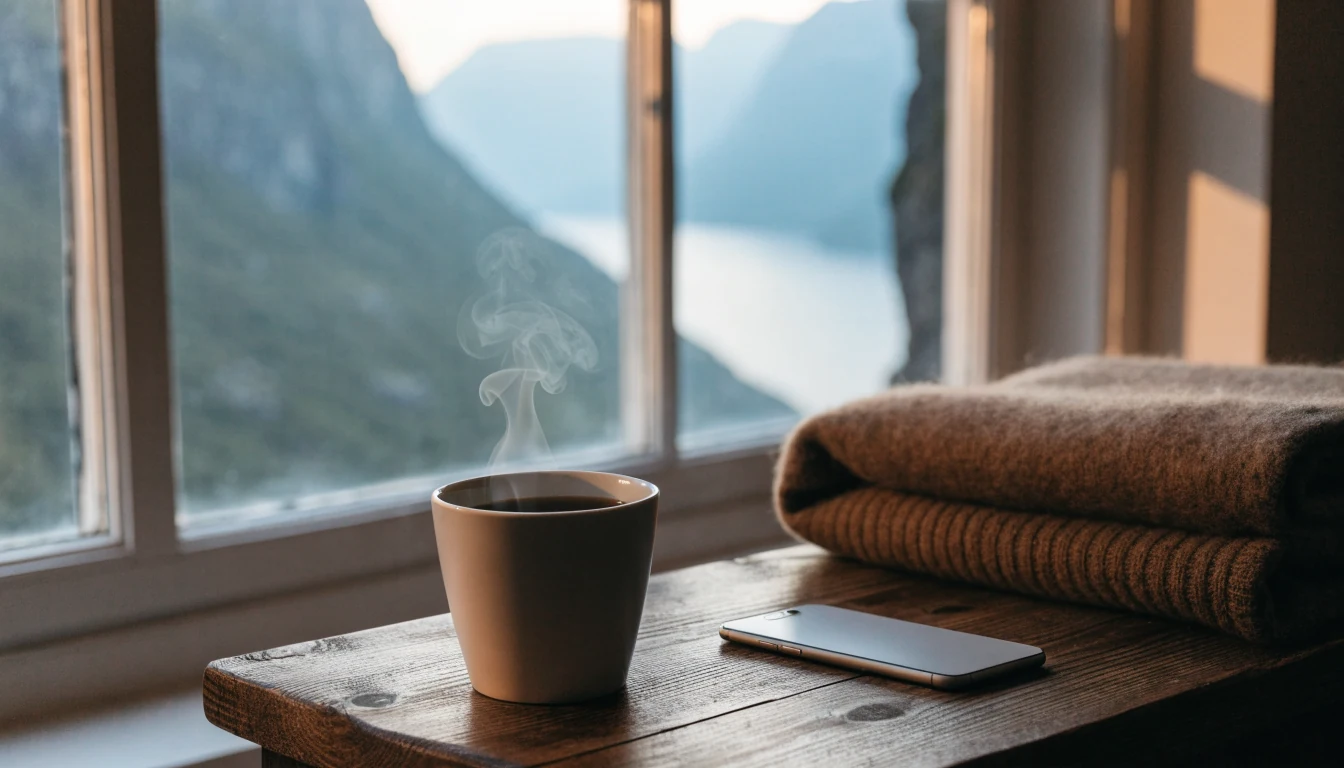 Smarttelefon på trebord ved vindu med utsikt over norsk fjord og fjell