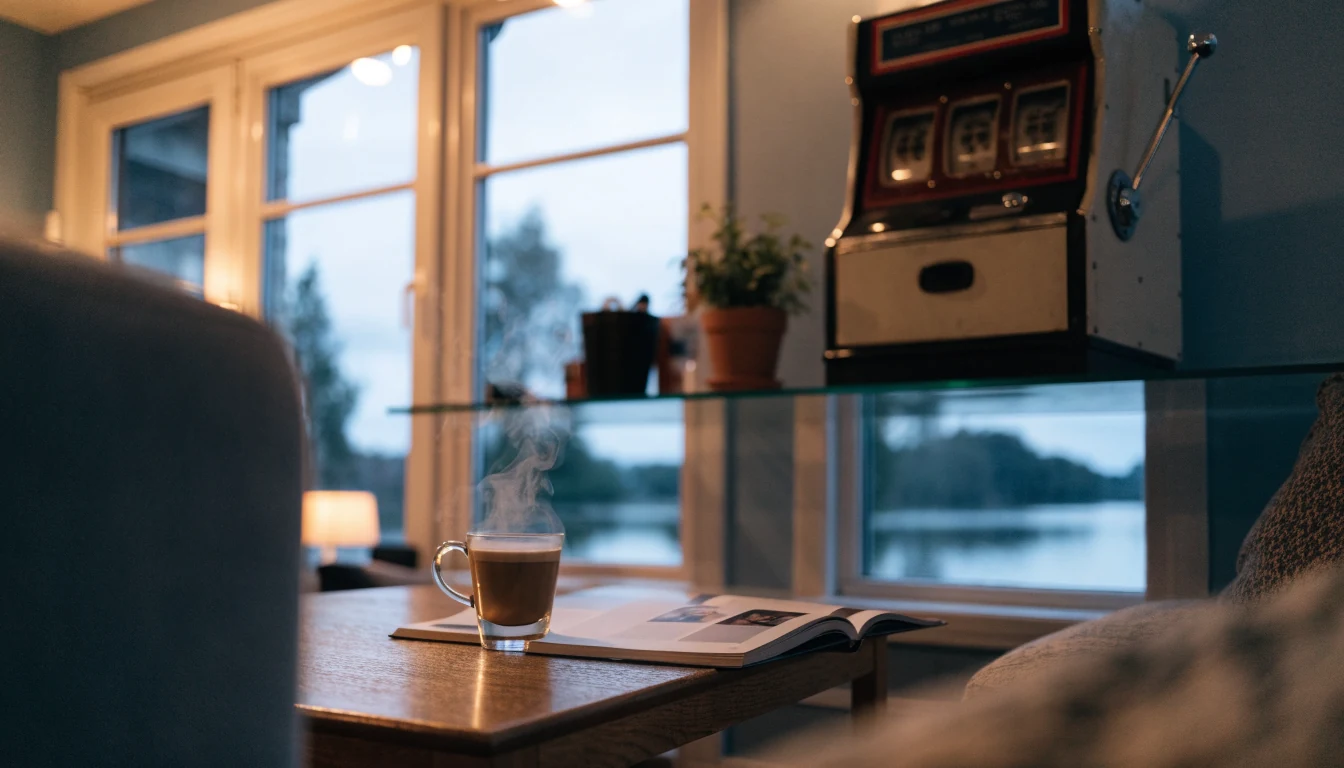 En koselig norsk stue med en gammel spilleautomat som pynt