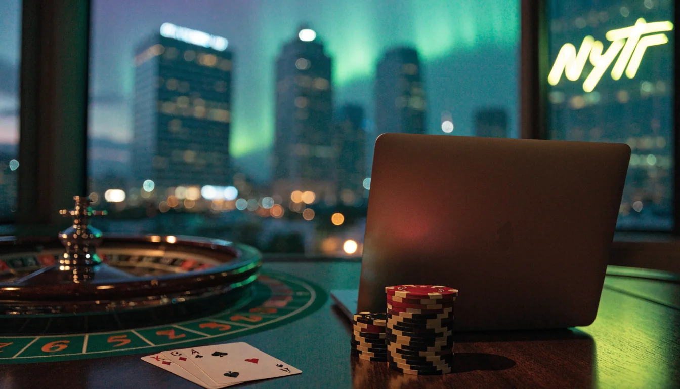 Moderne norsk by ved nordlys med casinobrikker og rulett på bordet