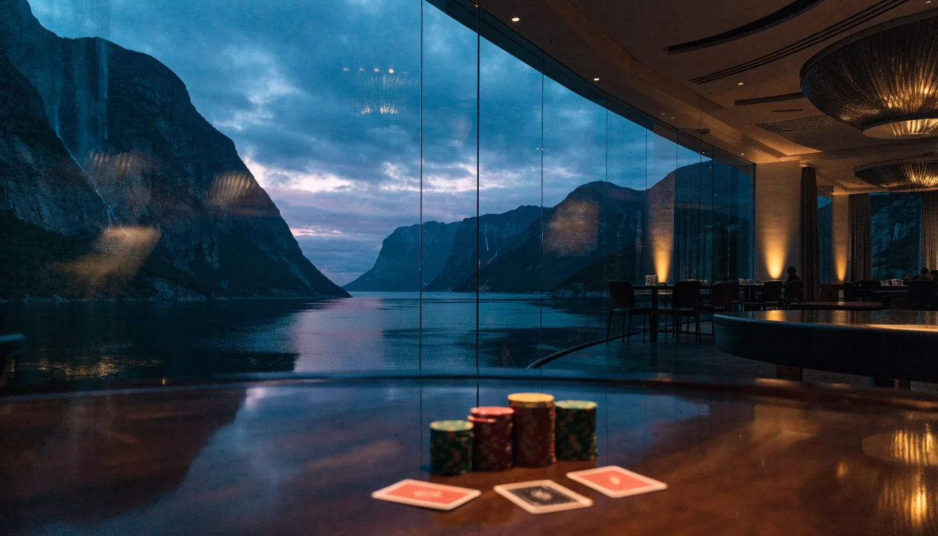 Moderne casinointeriør med panoramavindu mot norsk fjord og spillebrikker på bordet