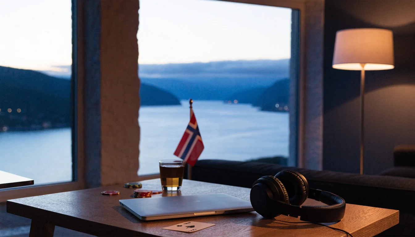 Norsk stue med lukket laptop, jetonger og kort ved fjordutsikt