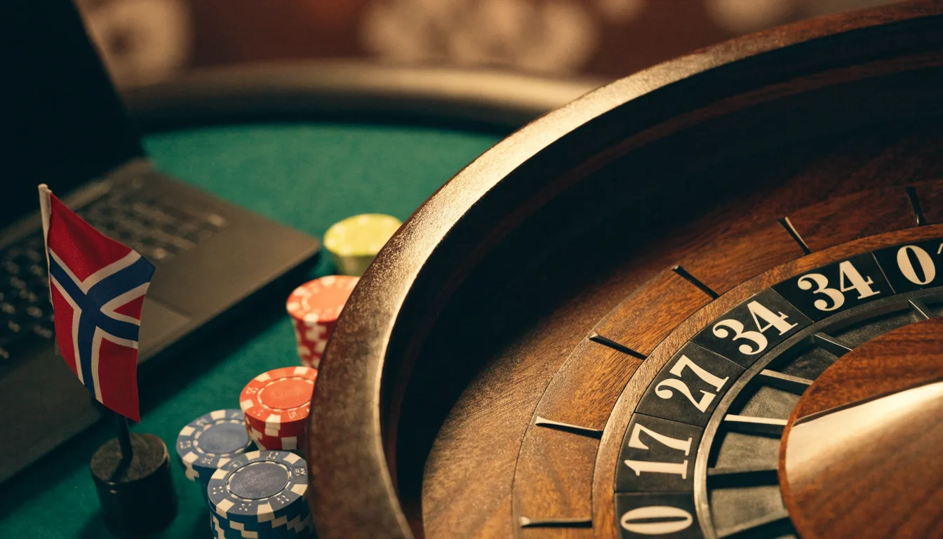 Roulettehjul og jetonger på et casinoaktig bord med en lukket bærbar PC