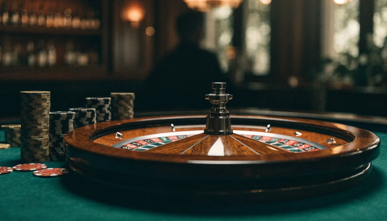 Klassisk europeisk rulettbord med hjul og jetonger i elegant casinobelysning