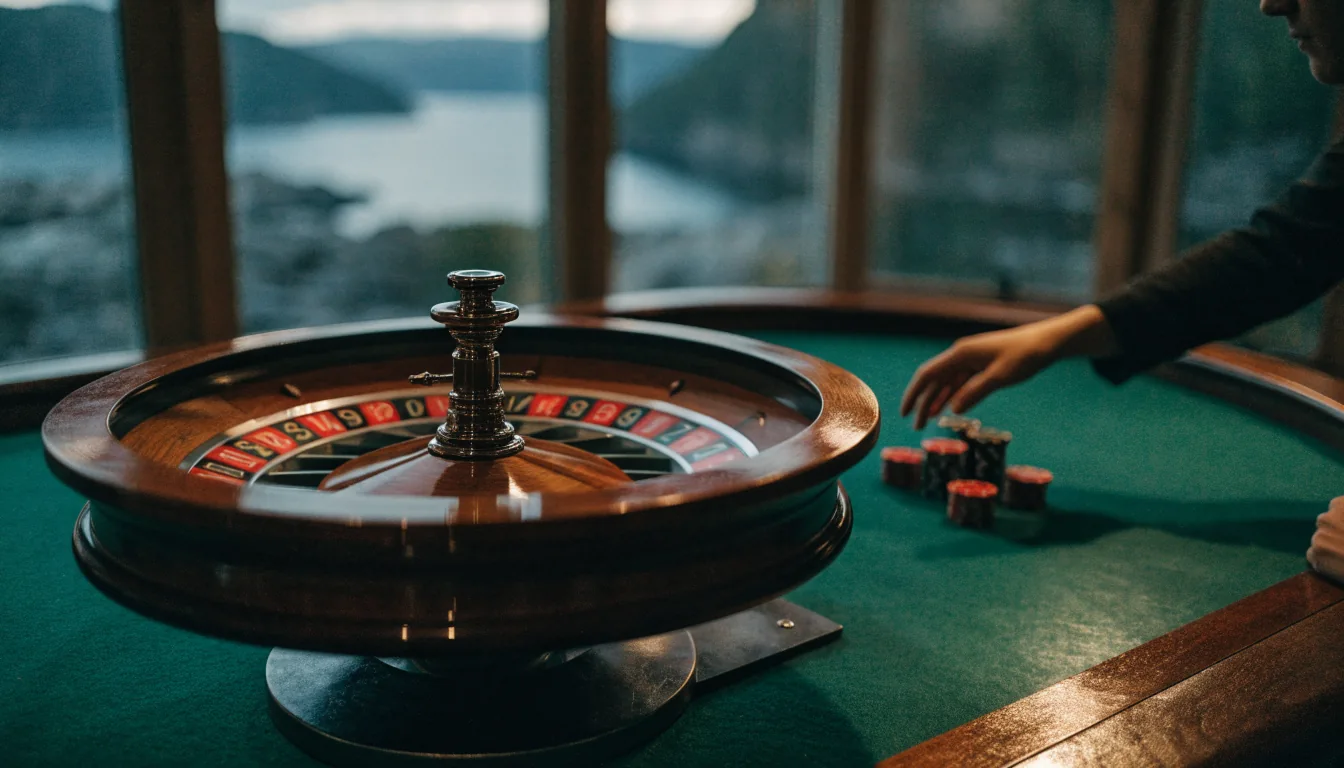 Roulettehjul som spinner på et casino-bord med jetonger i bakgrunnen av en norsk fjord.