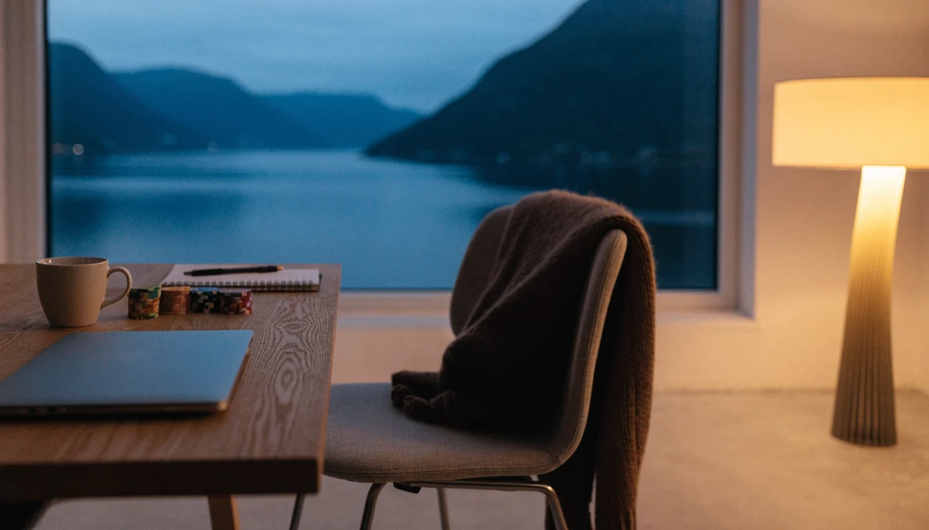 Rolig nordisk stue med lukket laptop og pokerjetonger ved fjordvindu