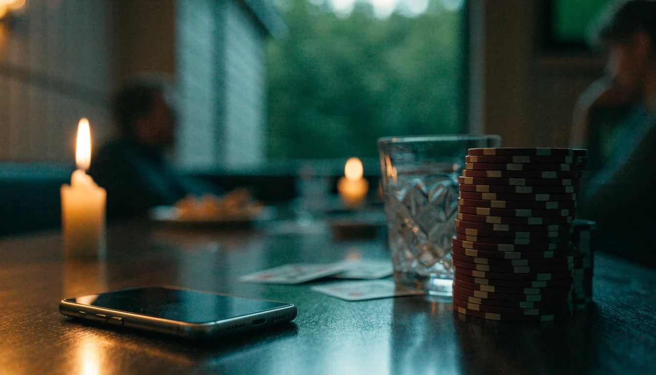 Stabel med casinojetonger og kort på et trebord i dempet belysning