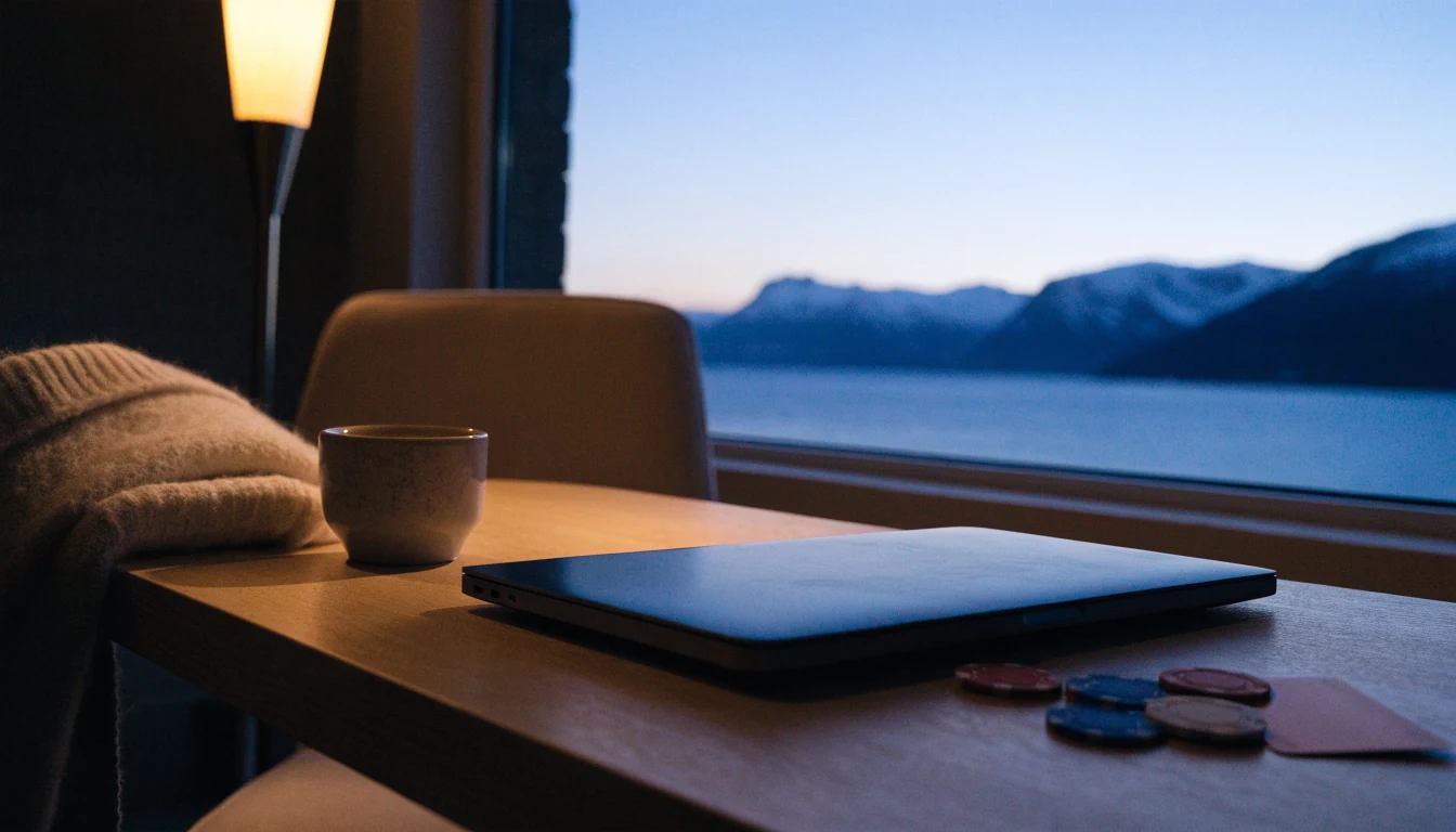 Koselig stue med laptop og pokerjetonger, utsikt mot norsk fjord