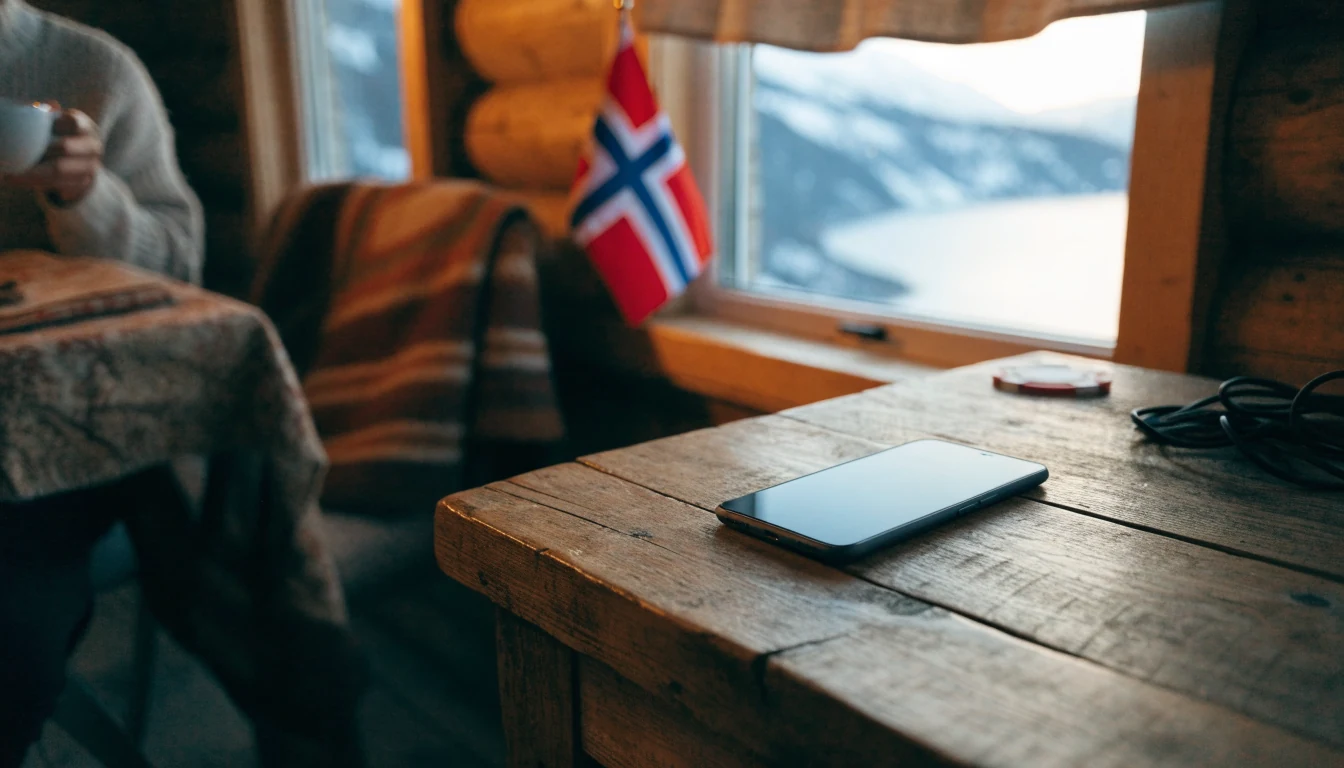 Smarttelefon på trebord i en norsk hytte med fjordutsikt og casinobrikke