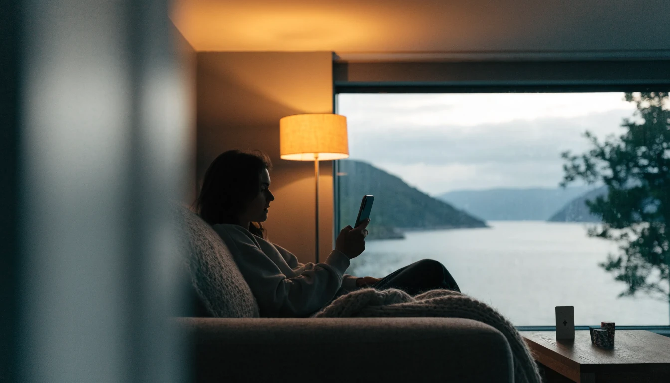 Person som spiller på mobilen i en koselig norsk stue
