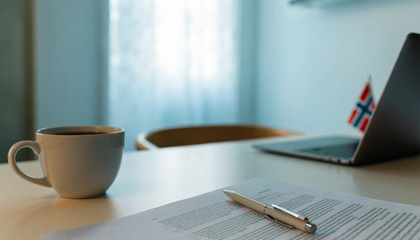 Skrivebord med utskrevet dokument, penn og kaffekopp i et moderne nordisk kontor