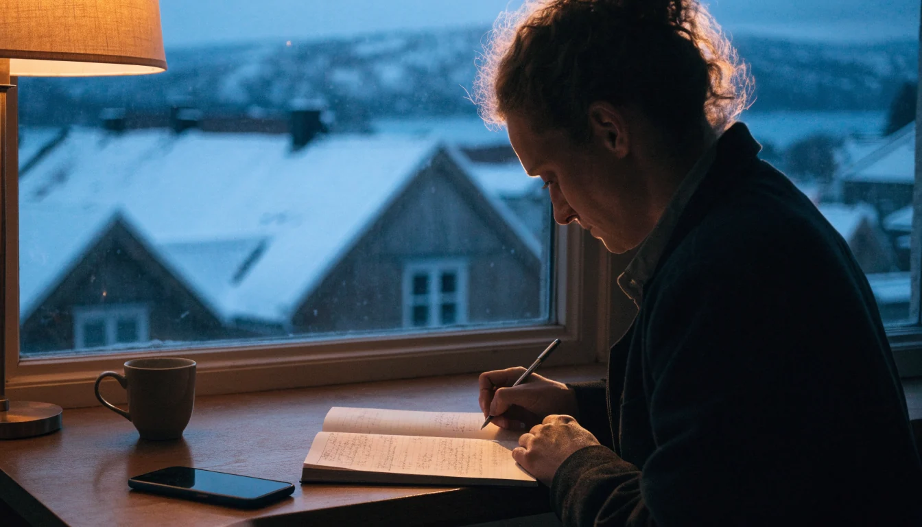 Person som vurderer nettkasinoer ved et skrivebord i et norsk hjem