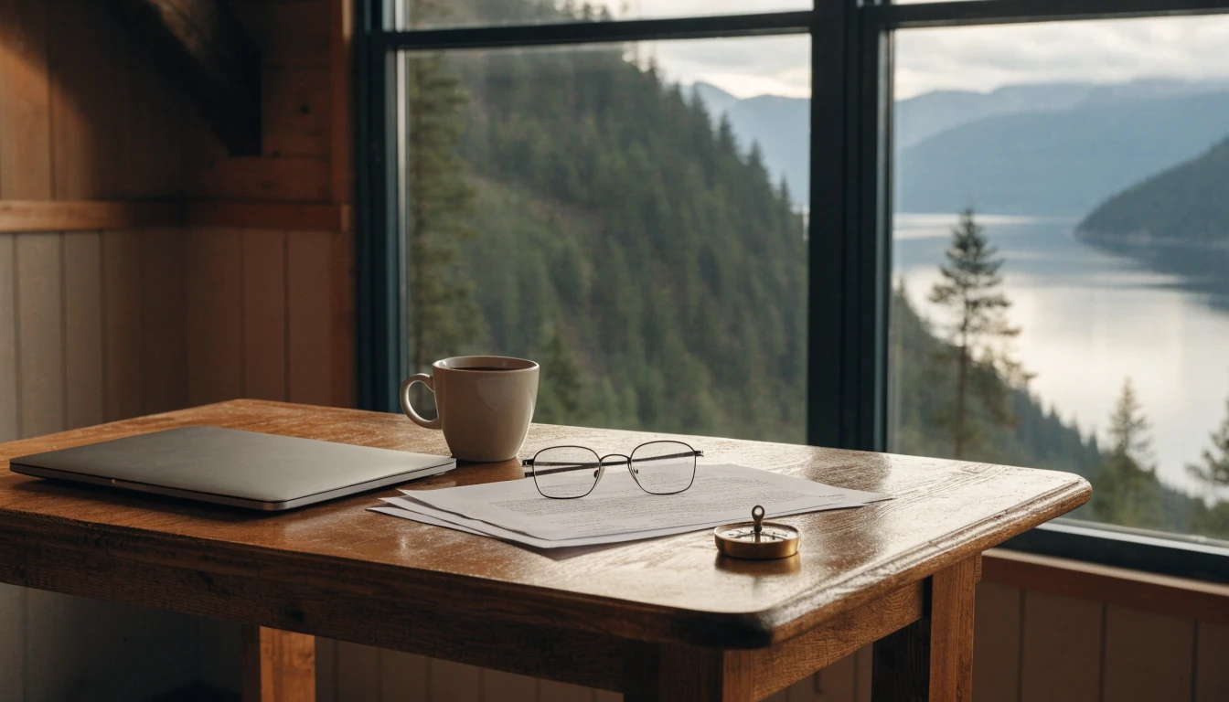 Lukket laptop og dokumenter på et rolig skrivebord i en norsk hytte med utsikt over en fjord.